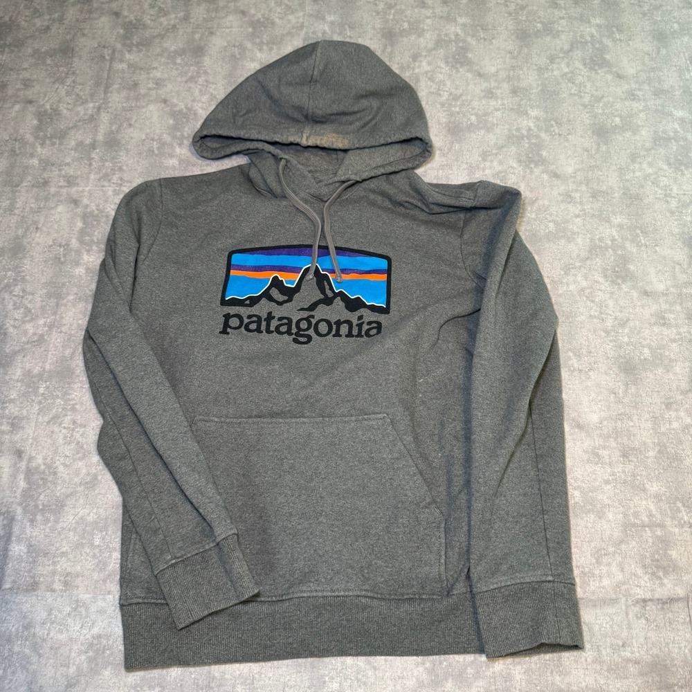 Patagonia P-6 Logo Uprisal Hoody Gray Recycled Pullover Sweatshirt Mens Small